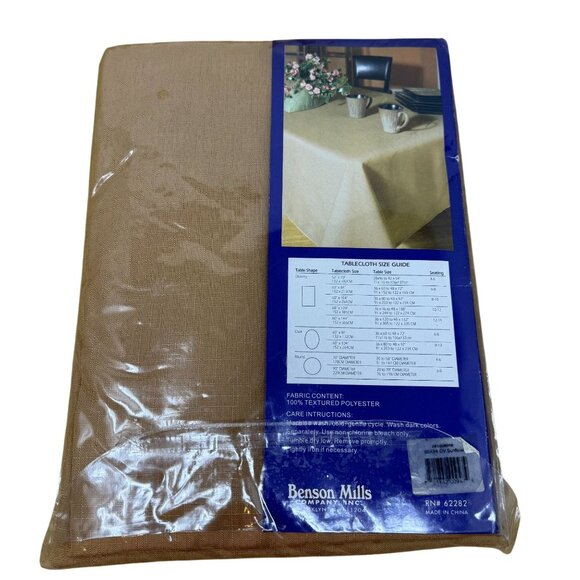 Benson Mills Basics Tan Jacquard Tablecloth 60"x84" Oval Wrinkle Resistant - Picture 2 of 5